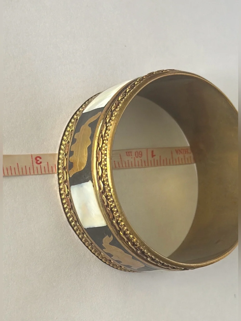 Vintage Brass Elephant & Mother of Pearl Inlay Bangle Bracelet